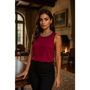 Moa Moa Embellished Sleeveless Blouse Berry Statement Collar L Luxe Elegant Chic